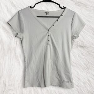 Y2K Guess USA organic cotton white tee rhinestone logo and buttons Size XL